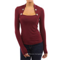 Women Long Sleeve Undershirt with Buttons Cotton Pure Color T Shirt